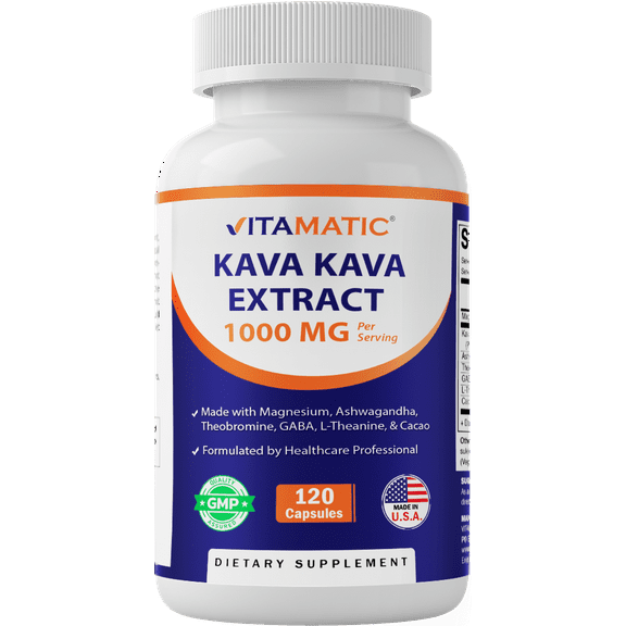 Vitamatic Kava Kava Extract 1000mg – Made with Magnesium, Ashwagandha, GABA, Theobromine, L-Theanine & Cacao – 120 Veg Capsules – Non-GMO & Gluten Free