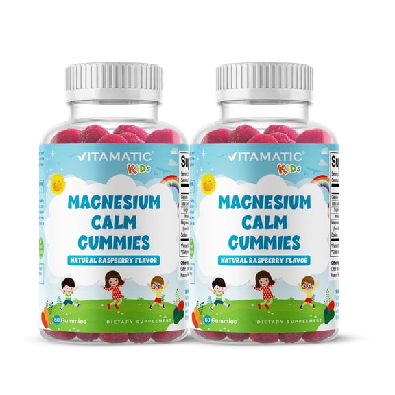 Vitamatic Kids Magnesium Calm Gummies - 60 Vegan Gummies - Great Tasting MG Gummies Promote Healthy, Muscle, Bone, & Energy Support - 2 Pack
