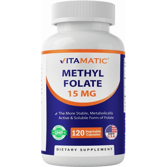 Vitamatic L Methylfolate 15mg - 120 Vegetable Capsules - Optimized and Activated High Potency - Metabolically Active Folate