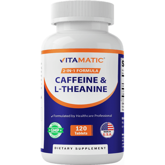 Vitamatic L-Theanine 200mg with Caffeine 100mg 120 Vegetarian Tablets - Nootropic Supplement