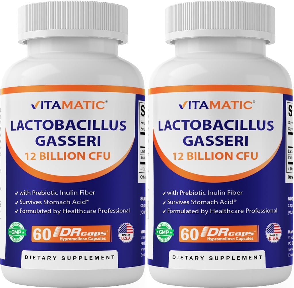 Vitamatic Lactobacillus Gasseri - 12 Billion per DR Capsule - 60 Count - Digestive Support - Made with Prebiotic Inulin Fiber- 2 Pack