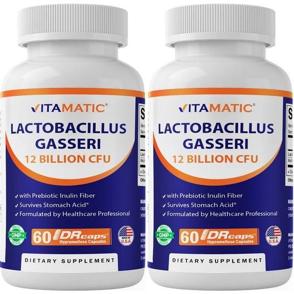 Vitamatic Lactobacillus Gasseri - 12 Billion per DR Capsule - 60 Count - Digestive Support - Made with Prebiotic Inulin Fiber- 2 Pack