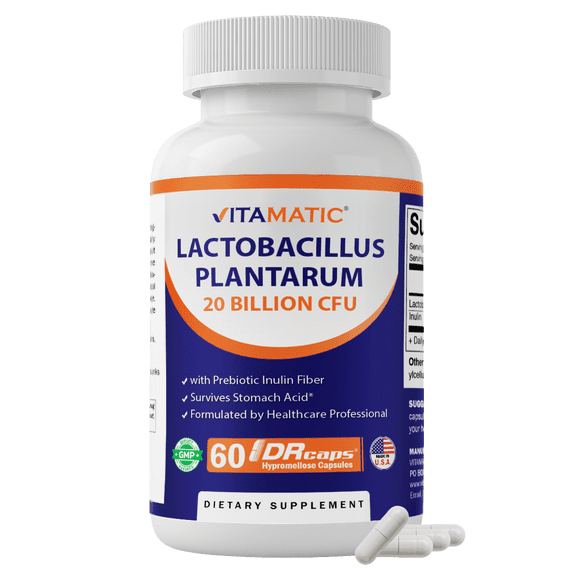 Vitamatic Lactobacillus Plantarum - 20 Billion per DR Capsule - 60 Count - Digestive Support - Made with Prebiotic Inulin Fiber