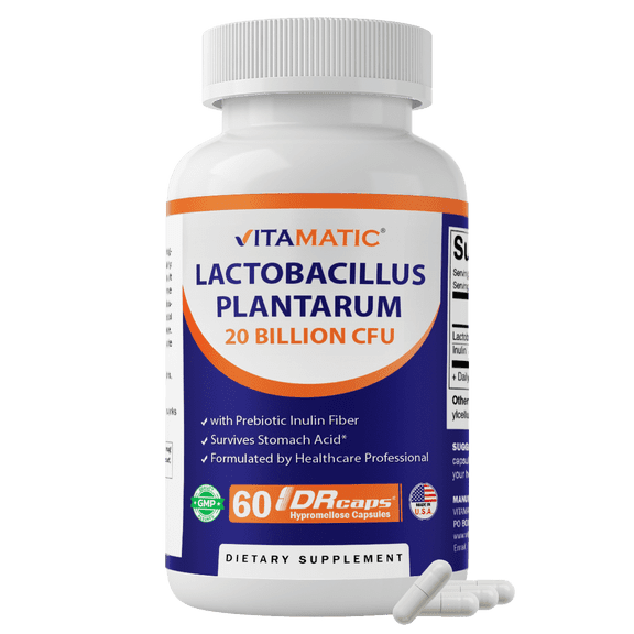 Vitamatic Lactobacillus Plantarum - 20 Billion per DR Capsule - 60 Count - Digestive Support - Made with Prebiotic Inulin Fiber