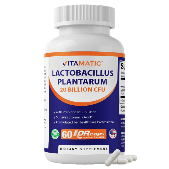 Vitamatic Lactobacillus Plantarum - 20 Billion per DR Capsule - 60 Count - Digestive Support - Made with Prebiotic Inulin Fiber