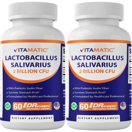 Vitamatic Lactobacillus Salivarius 2 Billion per DR Capsule - 60 Count - Digestive Support - Made with Prebiotic Inulin Fiber (2 Bottles)