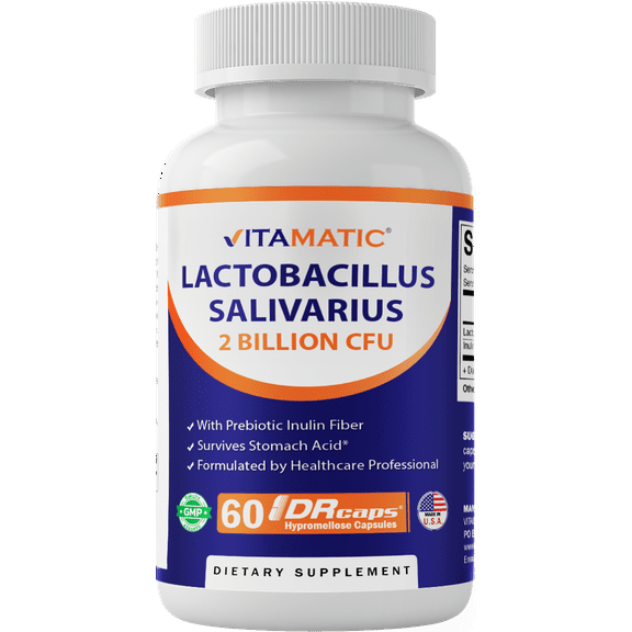 Vitamatic Lactobacillus Salivarius 2 Billion per DR Capsule - 60 Count - Digestive Support - Made with Prebiotic Inulin Fiber (2 Bottles)