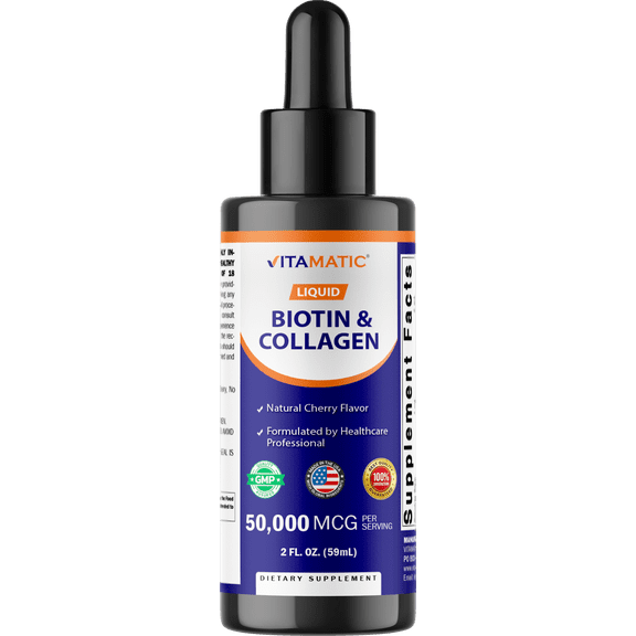Vitamatic Liquid Biotin & Collagen Drops 50,000 mcg 2 fl oz Supports Healthy Hair Growth, Glowing Skin & Strong Nails for Women and Men