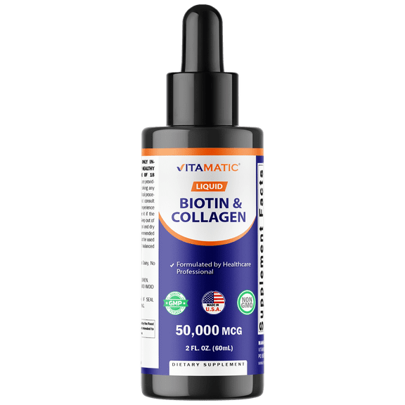 Vitamatic Liquid Biotin & Collagen Drops 50,000 mcg 2 fl oz Supports Healthy Hair Growth, Glowing Skin & Strong Nails for Women and Men