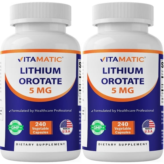 Vitamatic Lithium Orotate 5mg, 240 Veggie Capsules, Non-GMO, Gluten Free - 2 Pack
