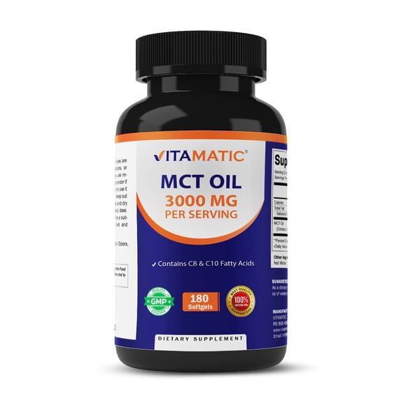 Vitamatic MCT Oil Capsules 3000 mg per Serving - 180 Softgels - from Coconut Oil - Contains 55% caprylic Acid C8 and 40% capric Acid C10 (Total 360 Softgel)