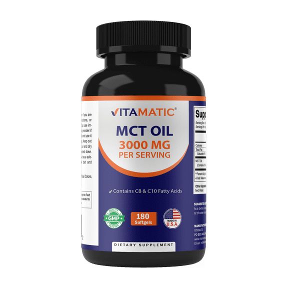 Vitamatic MCT Oil Capsules 3000 mg per Serving - 180 Softgels - from Coconut Oil - Contains 55% caprylic Acid C8 and 40% capric Acid C10 (Total 360 Softgel)