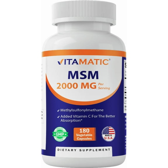 Vitamatic MSM 2000 mg with Vitamin C 75mg per Serving - 180 Veg Capsules - Vitamin C Aid in Better absopriton of MSM (Methylsulfonylmethane) - Non-GMO & Gluten Free
