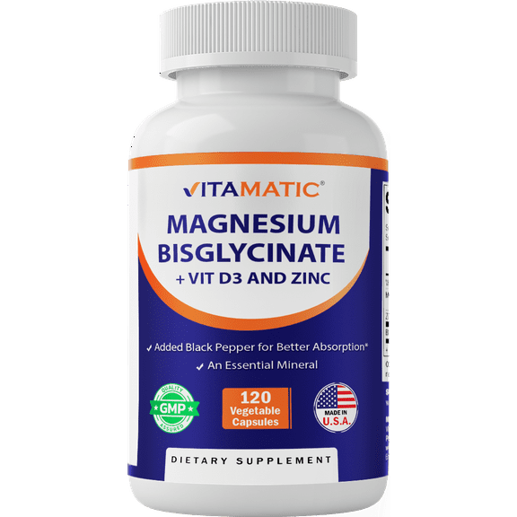 Vitamatic Magnesium (from Bisglycinate & Oxide) with Vitamin D3 & Zinc - 120 Veg Capsules - Supports Muscle, Joint, Nerve & Heart Health – Non-GMO, Gluten-Free