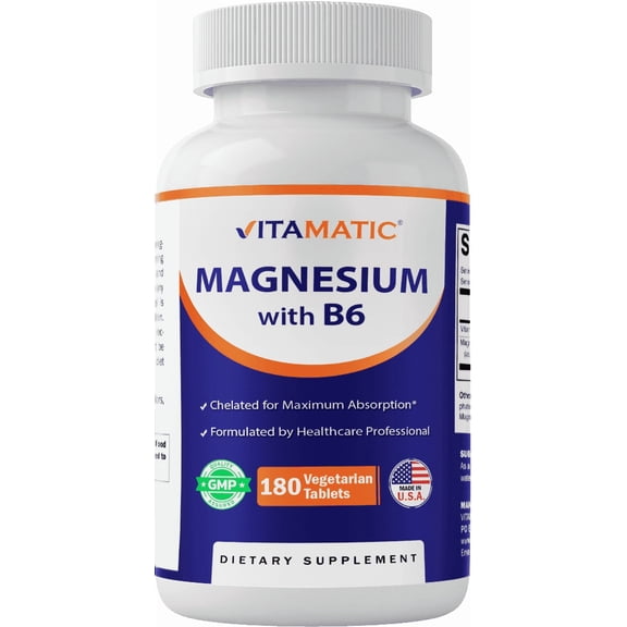 Vitamatic Magnesium with B6-180 Vegetarian Tablets (Uncoated) - Added B6 for Maximum Absorption - Supports Muscle, Joint, and Heart Health