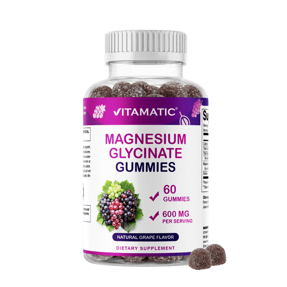 Vitamatic Magnesium Glycinate Gummies 600 mg per Serving – 60 Ct – Natural Grape Flavor – Non-GMO, Gluten Free