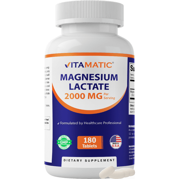 Vitamatic Magnesium Lactate 2000mg per Serving – 180 Tablets – Supports Muscle, Heart, Bone & Nervous System Health* – Non-GMO, Gluten Free, No Artificial Additives