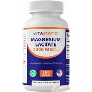 Vitamatic Magnesium Lactate 2000mg per Serving – 180 Tablets – Supports Muscle, Heart, Bone & Nervous System Health* – Non-GMO, Gluten Free, No Artificial Additives