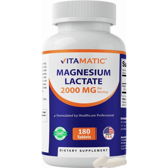 Vitamatic Magnesium Lactate 2000mg per Serving – 180 Tablets – Supports Muscle, Heart, Bone & Nervous System Health* – Non-GMO, Gluten Free, No Artificial Additives