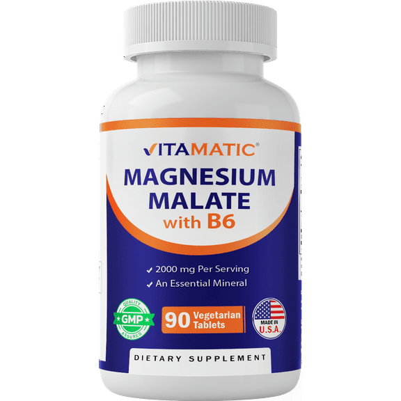 Vitamatic Magnesium Malate 2000mg per Serving - 90 Vegetarian Tablets - Added B6 for Maximum Absorption - Supports Muscle, Joint, and Heart Health*