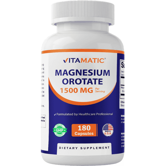 Vitamatic Magnesium Orotate Supplement – 1500mg per Serving, 180 Capsules – Supports Muscle, Nerve and Heart Health - Non-GMO, Gluten Free