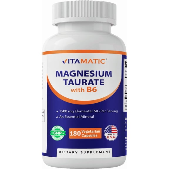Vitamatic Magnesium Taurate 1500mg per Serving - 180 Vegetarian Capsules (Provides 300 mg of Elemental Magnesium) - Added B6 for Maximum Absorption - Supports Muscle, Joint, and Heart Health*