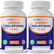 Vitamatic Melatonin 10mg Tablets | Vegetarian, Non-GMO, Gluten Free | 1 Year Supply | Natural Berry Flavor - 365 Tablets- 2 Pack