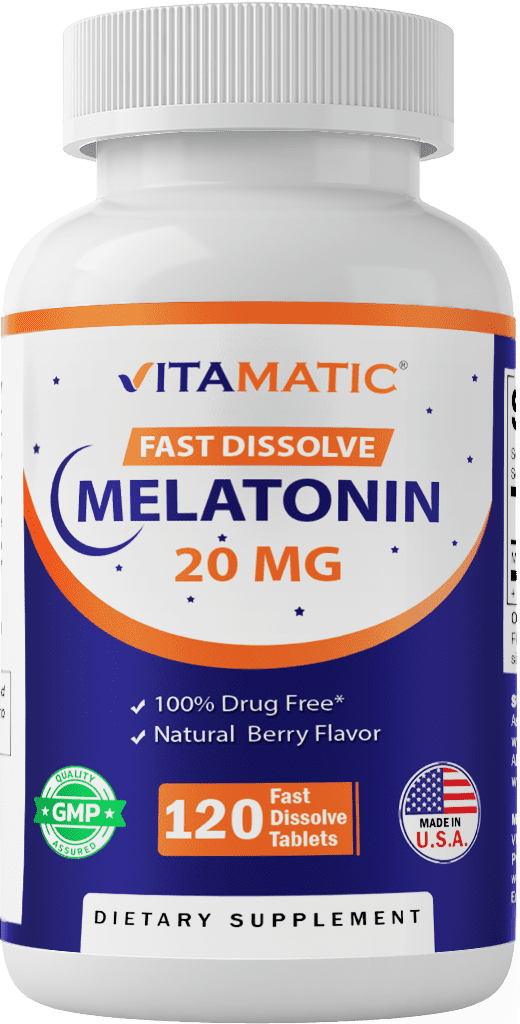 Vitamatic Melatonin 20mg Fast Dissolve 120 Tablets 20 mg - Nighttime Sleep Aid (Double Dose Compare to Melatonin 10mg, 12 mg, 12mg, 10 mg )