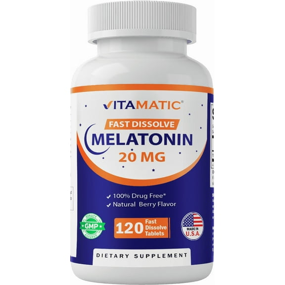 Vitamatic Melatonin 20mg Fast Dissolve 120 Tablets 20 mg - Nighttime Sleep Aid (Double Dose Compare to Melatonin 10mg, 12 mg, 12mg, 10 mg )