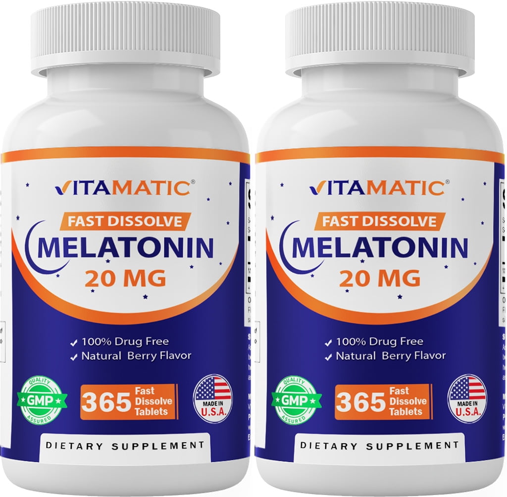 Vitamatic Melatonin 20mg Tablets | Vegetarian, Non-GMO, Gluten Free | 1 Year Supply | Natural Berry Flavor - 365 Tablets - 2 Pack