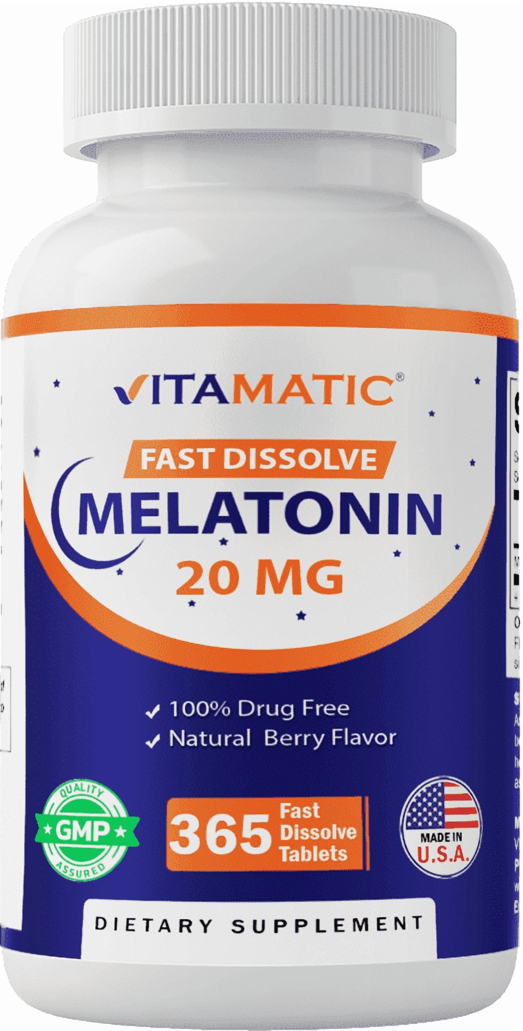 Vitamatic Melatonin 20mg Tablets | Vegetarian, Non-GMO, Gluten Free | 1 Year Supply | Natural Berry Flavor - 365 Tablets
