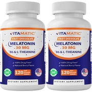 Vitamatic Melatonin 30mg - with B6 & L-Theanine - 120 Fast Dissolve Tablets with Natural Berry Flavor 2 Tablets Dose = Melatonin 60mg- 2 Pack