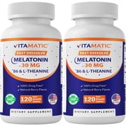 Vitamatic Melatonin 30mg - with B6 & L-Theanine - 120 Fast Dissolve Tablets with Natural Berry Flavor 2 Tablets Dose = Melatonin 60mg- 2 Pack