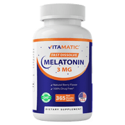 Vitamatic Melatonin 3mg Tablets | Vegetarian, Non-GMO, Gluten Free | 1 Year Supply | Natural Berry Flavor - 365 Tablets