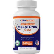 Vitamatic Melatonin 3mg Tablets | Vegetarian, Non-GMO, Gluten Free | 1 Year Supply | Natural Berry Flavor - 365 Tablets