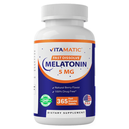 Vitamatic Melatonin 5mg Tablets | Vegetarian, Non-GMO, Gluten Free | 1 Year Supply | Natural Berry Flavor - 365 Tablets