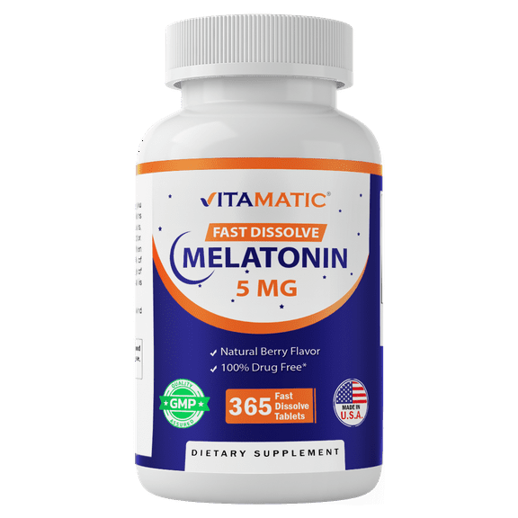 Vitamatic Melatonin 5mg Tablets | Vegetarian, Non-GMO, Gluten Free | 1 Year Supply | Natural Berry Flavor - 365 Tablets