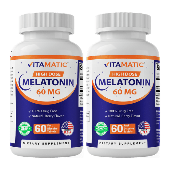 Vitamatic Melatonin 60mg Fast Dissolve Tablets - 60 Vegan Natural Berry Flavor Tablets - Non-Habit Forming - Non-GMO, Gluten Free (2 Bottles)