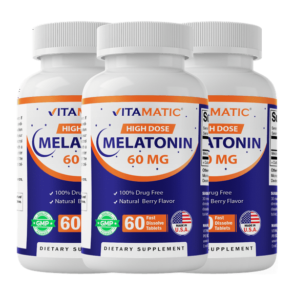 Vitamatic Melatonin 60mg Fast Dissolve Tablets - 60 Vegan Natural Berry Flavor Tablets - Non-Habit Forming - Non-GMO, Gluten Free (3 Bottles)