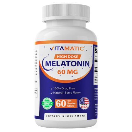 Vitamatic Melatonin 60mg Fast Dissolve Tablets - 60 Vegan Natural Berry Flavor Tablets - Non-Habit Forming, Sleep Support - Promotes Natural Sleep - Non-GMO, Gluten Free Supplement