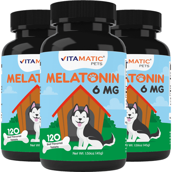 Vitamatic Melatonin for Dogs - 6 mg - 120 Beef Flavored Chewable Tablets ((Pack of 3))