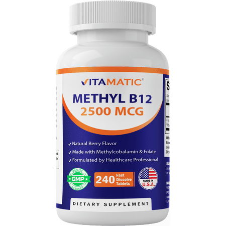 Vitamatic Methyl B12 – Natural Berry Flavor – 240 Fast Dissolve Tablets – Methylcobalamin B12 & Folic Acid for Energy & Nervous System Support (2500 mcg)