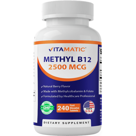 Vitamatic Methyl B12 – Natural Berry Flavor – 240 Fast Dissolve Tablets – Methylcobalamin B12 & Folic Acid for Energy & Nervous System Support (2500 mcg)