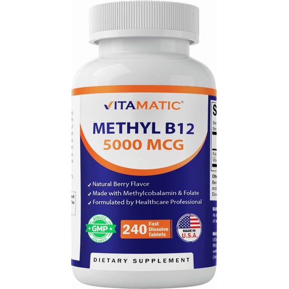 Vitamatic Methyl B12 5000 mcg with Folic Acid Natural Berry Flavor 240 Fast Dissolve Tablets Methylcobalamin Vitamin B12 for Energy & Nervous System Support Vegan & Non-GMO Supplement