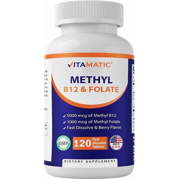 Vitamatic Methyl Folate & B12 Supplement with P-5-P, 120 Fast Dissolve ...