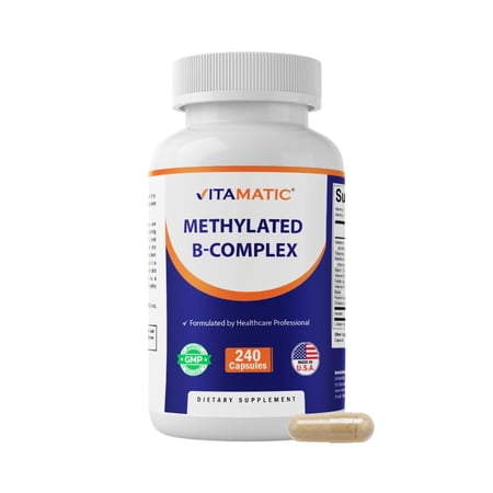 Vitamatic Methylated B-Complex Vitamins – 240 Capsules | Includes Methyl B12, L-5-MTHF Folate, Choline, Inositol, B1, B2, B3, B5, B6, Biotin | 10 in 1 B Complex Supplement | Made in USA