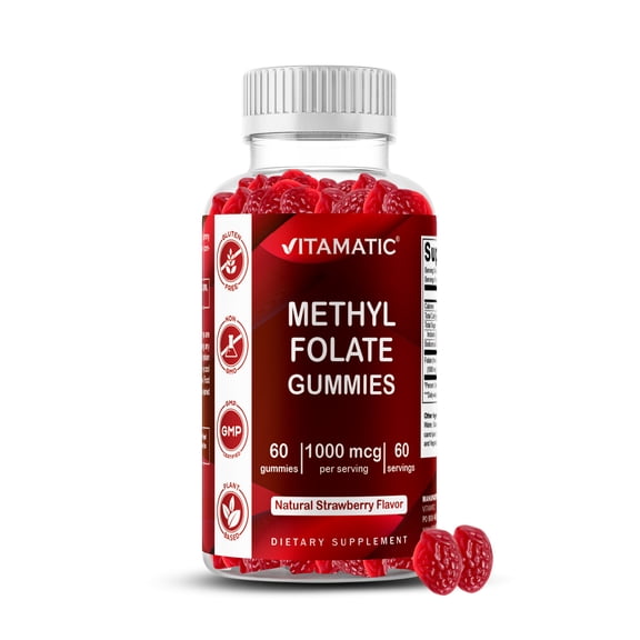 Vitamatic Methylfolate Gummies 1000 mcg Active 5-MTHF Form Natural Strawberry Flavor Vegan, Non-GMO, Gluten Free 60 Gummies