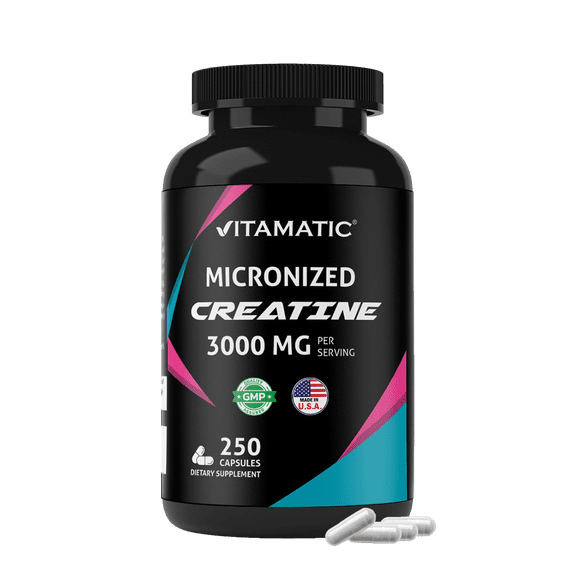 Vitamatic Micronized Creatine Monohydrate 3000 mg Per Serving 250 Capsules High Purity Creatine for Daily Performance Support Non-GMO, Gluten-Free, Made in USA