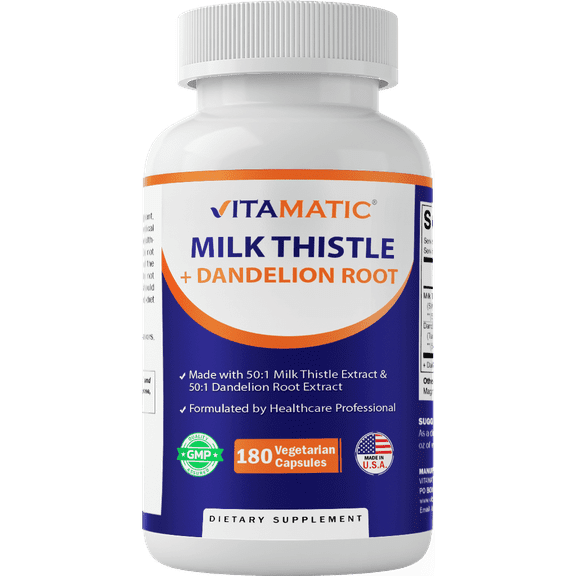 Vitamatic Milk Thistle 50:1 Extract 500mg (25000mg Equivalent), Dandelion Root 50:1 Extract 100mg (5000mg Equivalent), 180 Vegetarian Capsules, Non-GMO, Gluten Free