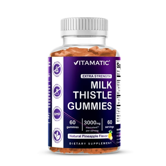 Vitamatic Milk Thistle Gummies - 3000 mg Equivalent - Liver Detox & Anti Oxidant Health - Min. 80% Silymarin Flavonoids - 60 Pectin Based Gummies